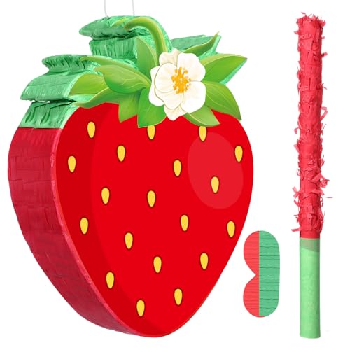 Aoriher Strawberry Piata Red Strawberry Party Game Set Summer Fruit Piata Berry Birthday Decoration with Stick and Mask for Summer Fruit Theme Birthday Baby Shower Party Game Supplies Decoration - Image 1