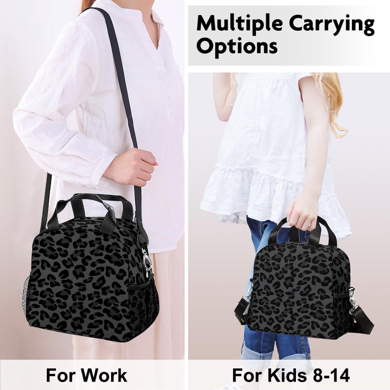 WOBAGMEN Lunch Bag for Women, Insulated Lunch Box With Adjustable Shoulder Strap, Small Reusable Tote for Girls Adults Work School (black leopard) - Image 2
