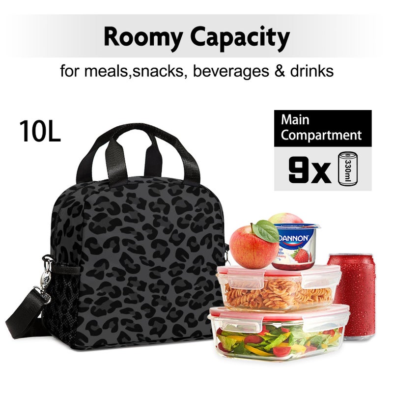 WOBAGMEN Lunch Bag for Women, Insulated Lunch Box With Adjustable Shoulder Strap, Small Reusable Tote for Girls Adults Work School (black leopard) - Image 3