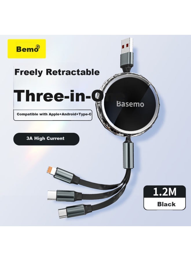 Double Magic Beemo 3-In-1 Retractable Data Cable For Apple Android Type-C One Drag Three Fast Charge Suitable For Iphone 16/15/14 Xiaomi Huawei Car Mobile Phone Charger 1.2M Black - Image 5