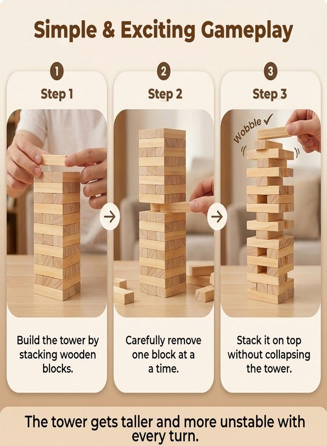 WUDLY® Wooden Tumbling Tower Game 54 Pcs | Classic Block Stacking Game for Kids & Adults | Educational Indoor Party & Family Fun Game | Handcrafted Wooden Toy (Classic) - Image 4
