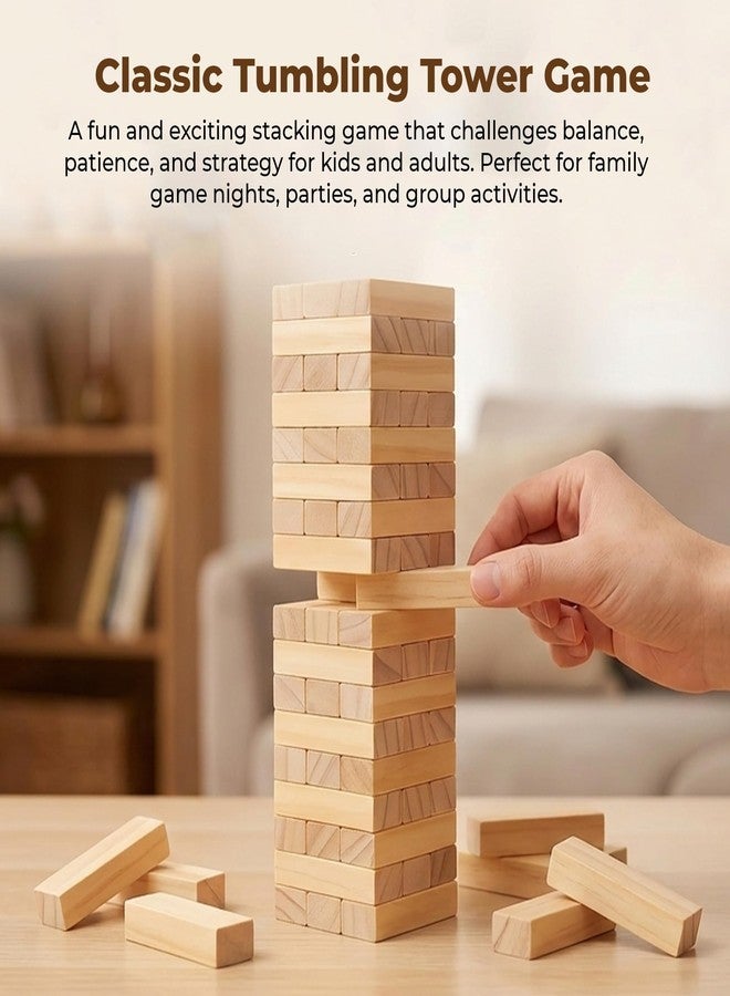 WUDLY® Wooden Tumbling Tower Game 54 Pcs | Classic Block Stacking Game for Kids & Adults | Educational Indoor Party & Family Fun Game | Handcrafted Wooden Toy (Classic) - Image 3