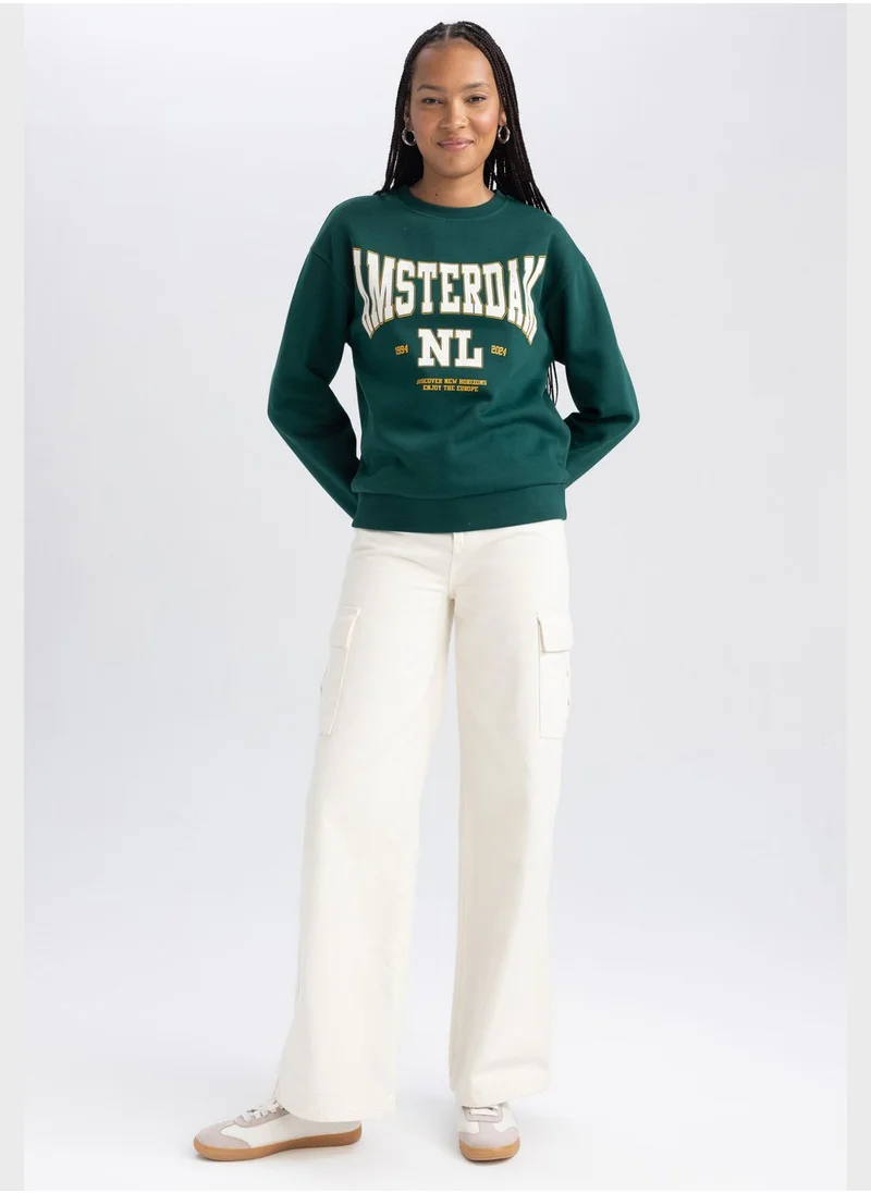 DeFacto Crew Neck Graphic Printed Sweatshirt