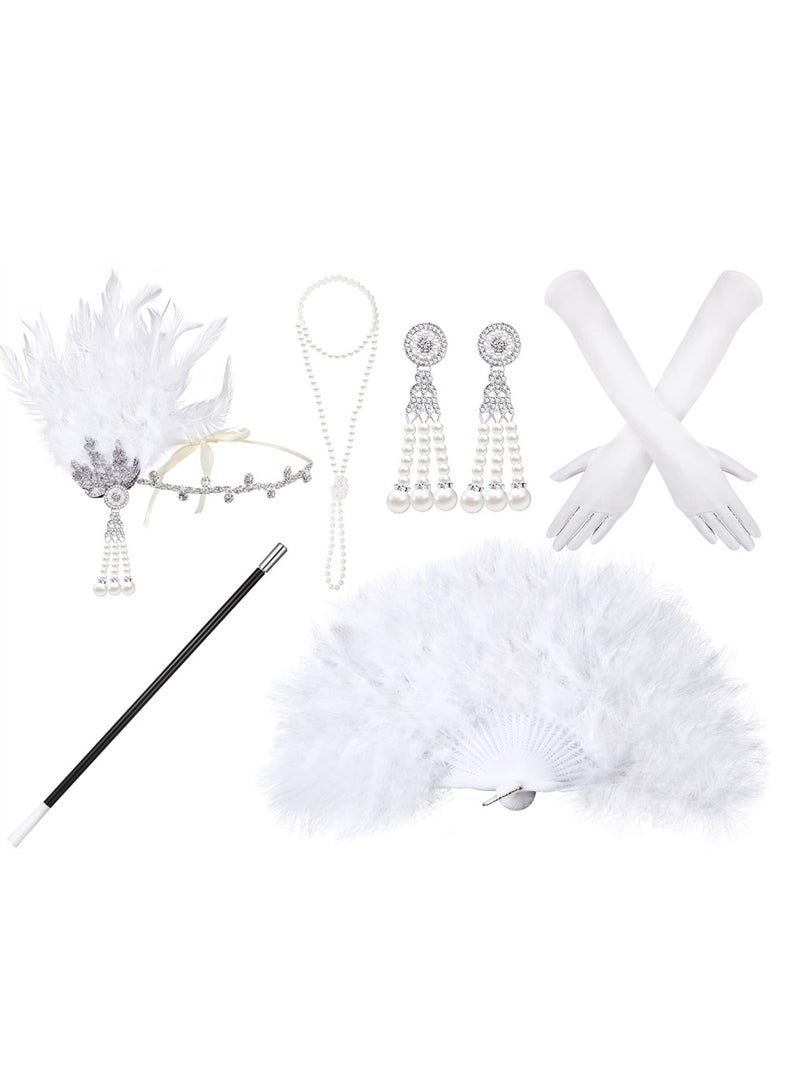 1920s Flapper Costume Accessories Set - Gatsby Style for Women, Includes Headpiece, Earrings, Gloves, Pearl Necklace & Feather Fan - Image 1