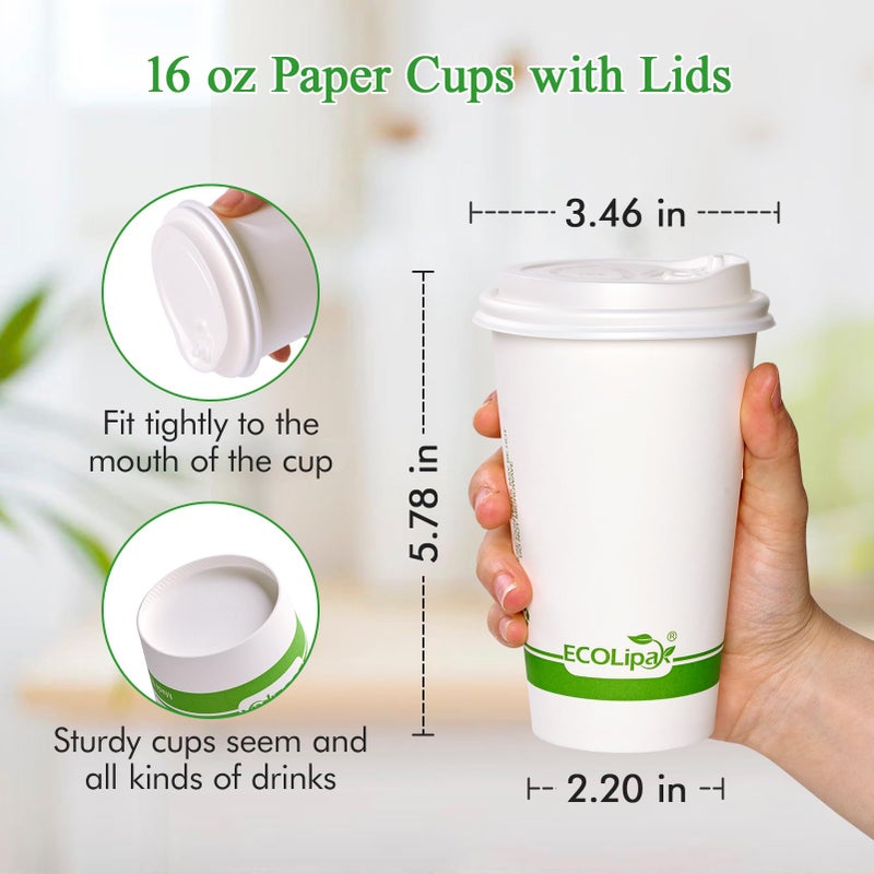 ECOLipak 100 Count 16 oz Compostable Paper Coffee Cups  Biodegradable Disposable Coffee Cups with CPLA Lid  Eco-friendly Hot Drinking Cups for Party  Picnic  Travel and Events - Image 5