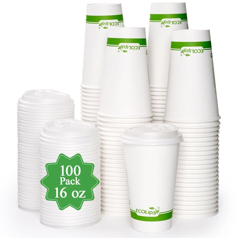 ECOLipak 100 Count 16 oz Compostable Paper Coffee Cups  Biodegradable Disposable Coffee Cups with CPLA Lid  Eco-friendly Hot Drinking Cups for Party  Picnic  Travel and Events - Image 1