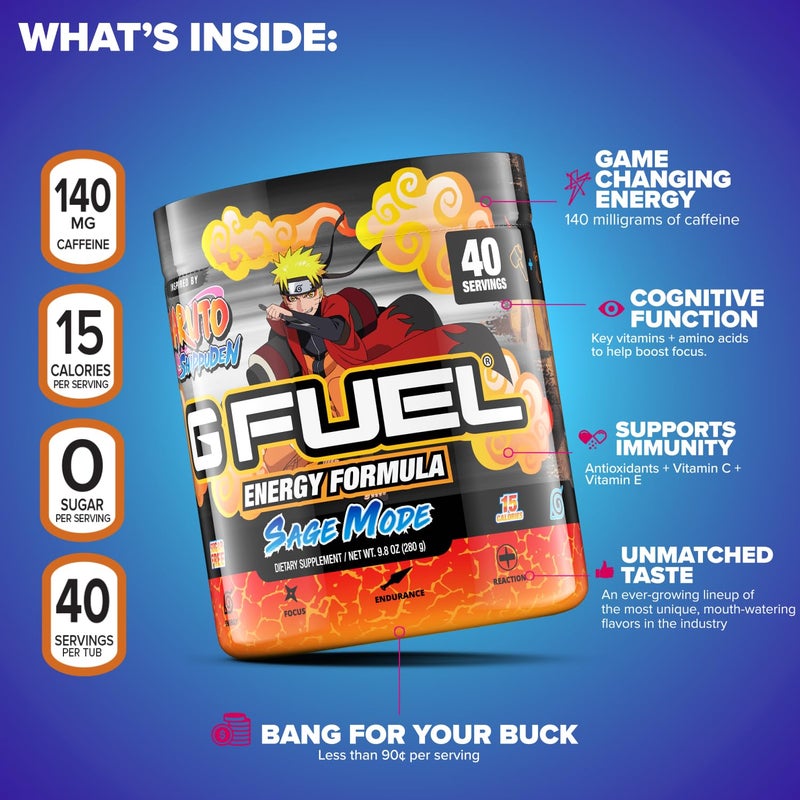 G Fuel Sage Mode Energy Drink Powder, Pre Workout Caffeine Mix for Gaming, Sugar Free Focus Amino, Vitamin + Antioxidants, 9.9oz (Grapefruit + White Peach, 40 Servings) - Image 3