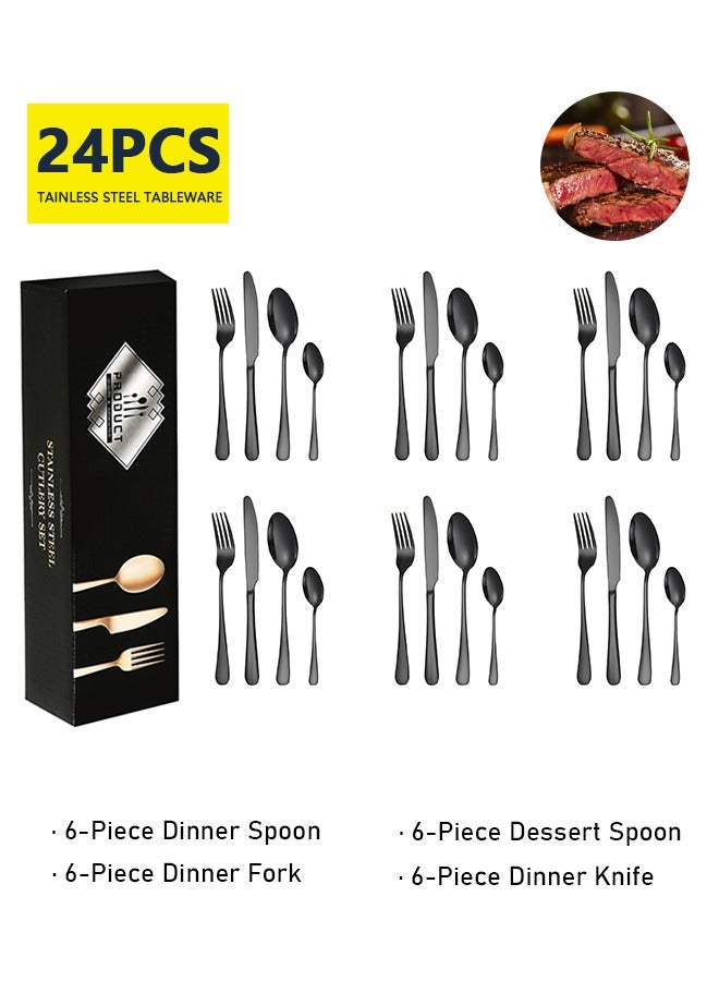 24-Piece Black Stainless Steel Cutlery Set - Knife Fork Spoon  - Image 1