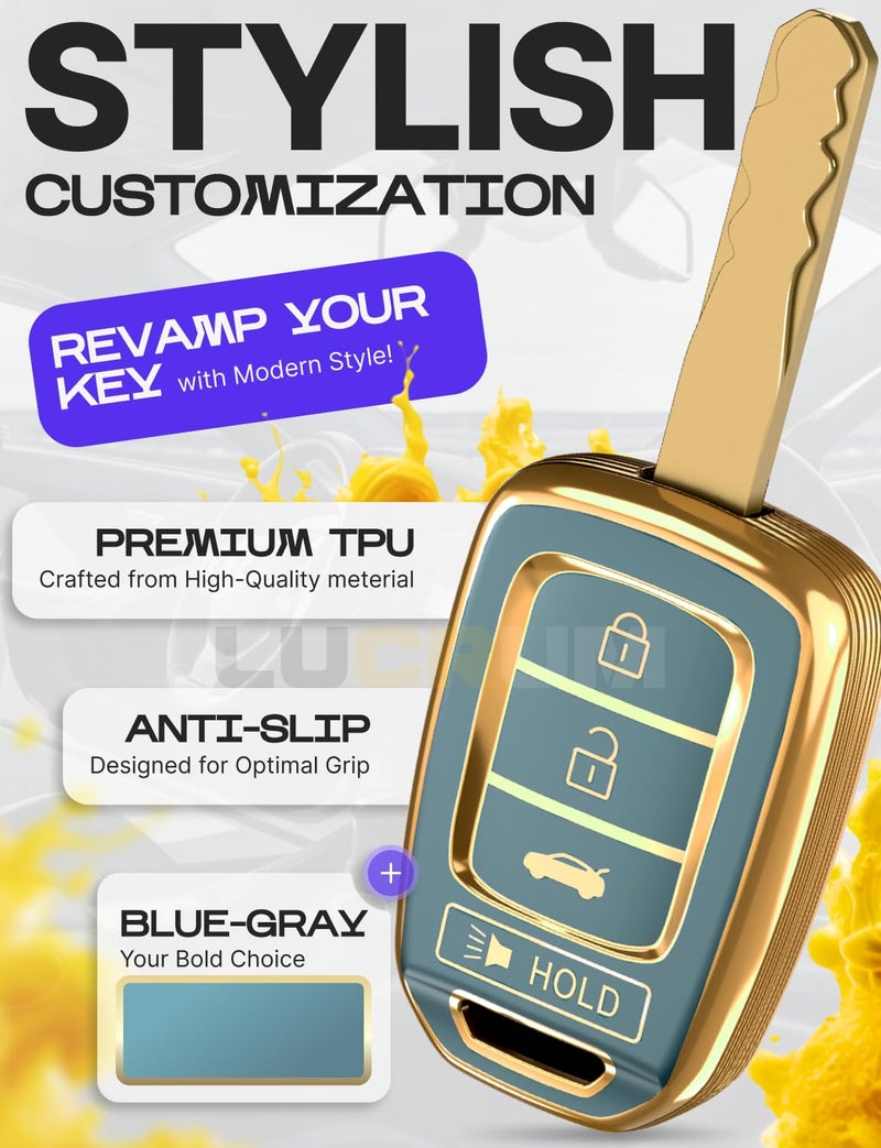 Lucrum Compatible with Honda Key Fob Cover & Leather Keychain - TPU Keyfob Case for Accord Civic CR-V HR-V Pilot Ridgeline SE LX, For 4 Button Remote (2014-2022) - Blue and Gold - Image 3