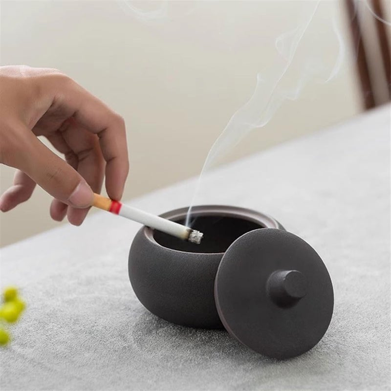 Ash Holder Rough Pottery Iron Glaze Ashtray Portable with Lid for Indoor Outdoor - Image 4