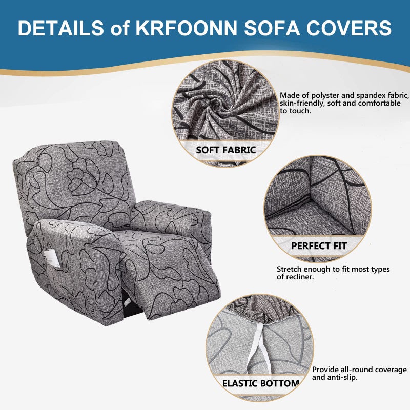 KRFOONN Stretch Recliner Couch Covers Printed 4-Pieces Lazyboy Recliner Covers Non Slip Recliner Chair Covers with Storage Pockets Furniture Protector for Living Room, A51 - Image 2