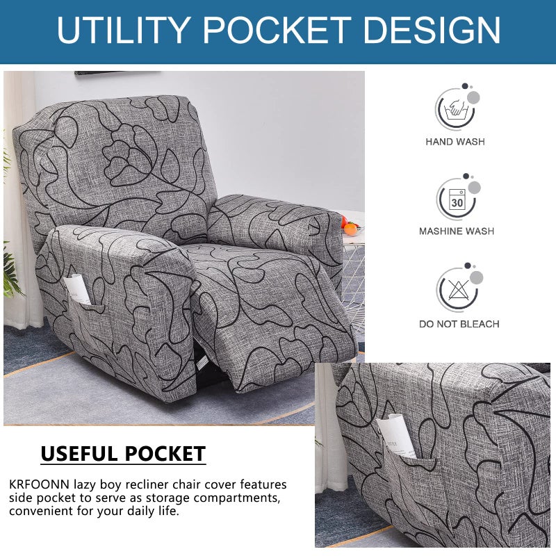 KRFOONN Stretch Recliner Couch Covers Printed 4-Pieces Lazyboy Recliner Covers Non Slip Recliner Chair Covers with Storage Pockets Furniture Protector for Living Room, A51 - Image 5