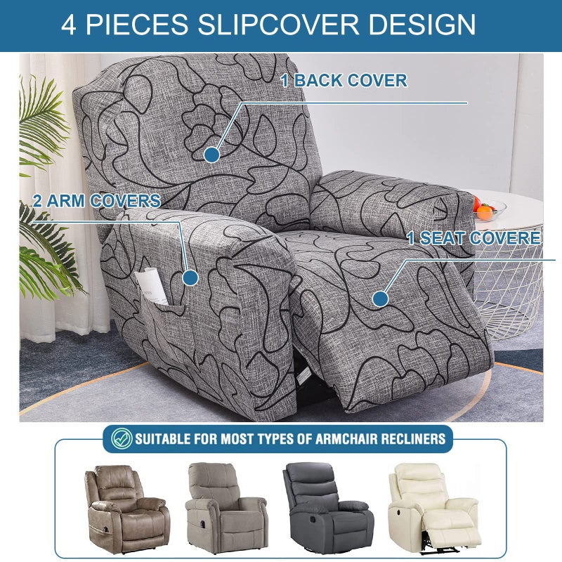 KRFOONN Stretch Recliner Couch Covers Printed 4-Pieces Lazyboy Recliner Covers Non Slip Recliner Chair Covers with Storage Pockets Furniture Protector for Living Room, A51 - Image 3