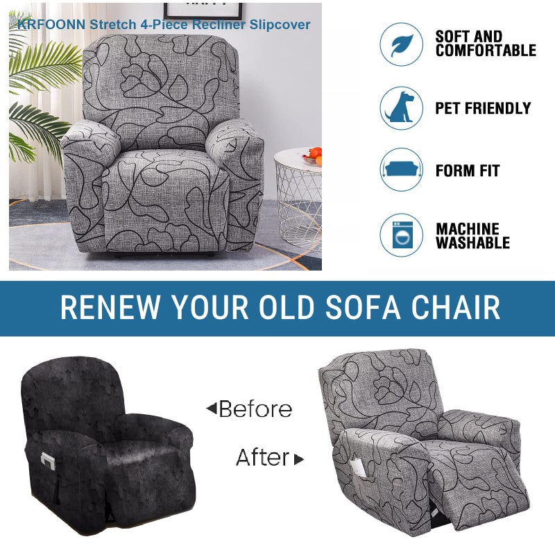 KRFOONN Stretch Recliner Couch Covers Printed 4-Pieces Lazyboy Recliner Covers Non Slip Recliner Chair Covers with Storage Pockets Furniture Protector for Living Room, A51 - Image 4