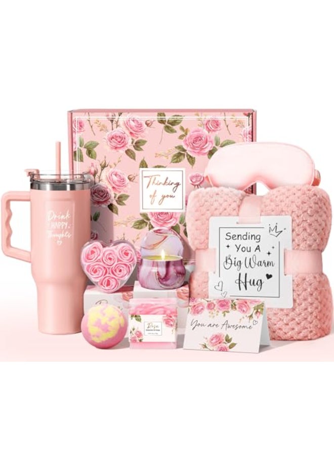 Qinline Birthday Gifts for Women Self Care Get Well Soon Gifts Rose Relaxing Spa Gift Box Care Package Basket w Luxury Flannel Blanket 40 oz Tumbler Valentines Day Gift for Her Wife Girlfriend Mom Sister - Image 1