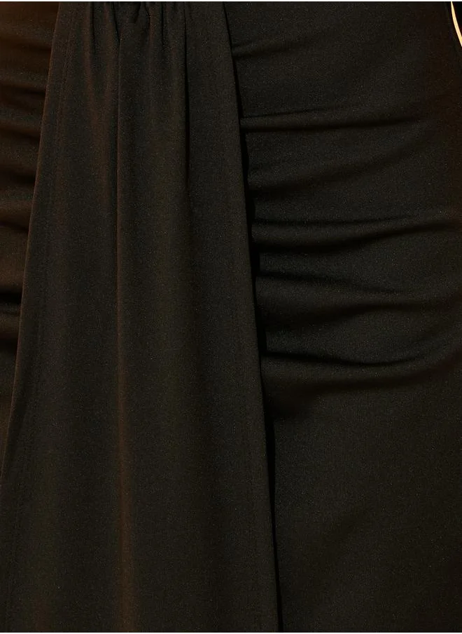 Take Two Ruched Sheath Maxi Dress with Drape Overlay