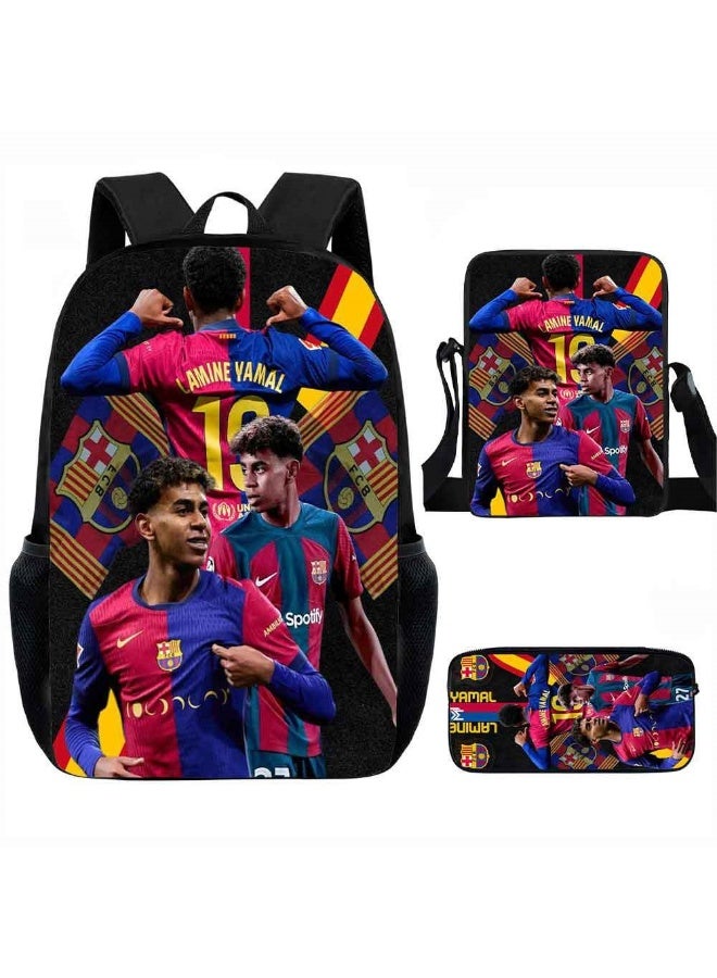 برشلونة لامين يامال برشلونة رقم 19 3 في 1 مجموعة حقيبة ظهر مدرسية للأطفال ، حقيبة ظهر مع حقيبة غداء ومقلمة للأولاد - Image 1