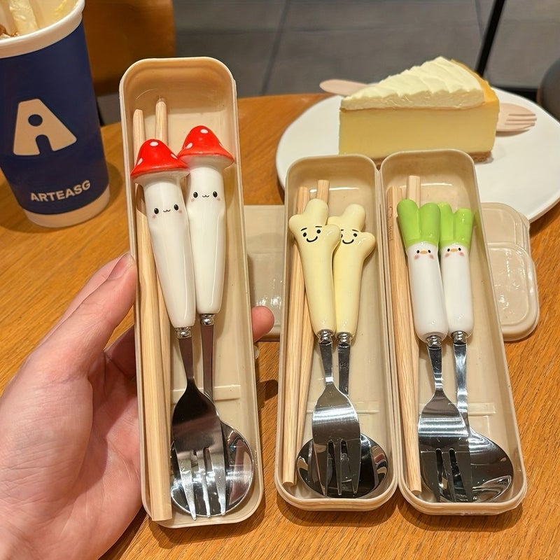 Ins Baby Carrots Portable Spoon Fork And Chopsticks Set With Storage Box For Office And Outdoor Use - Image 1