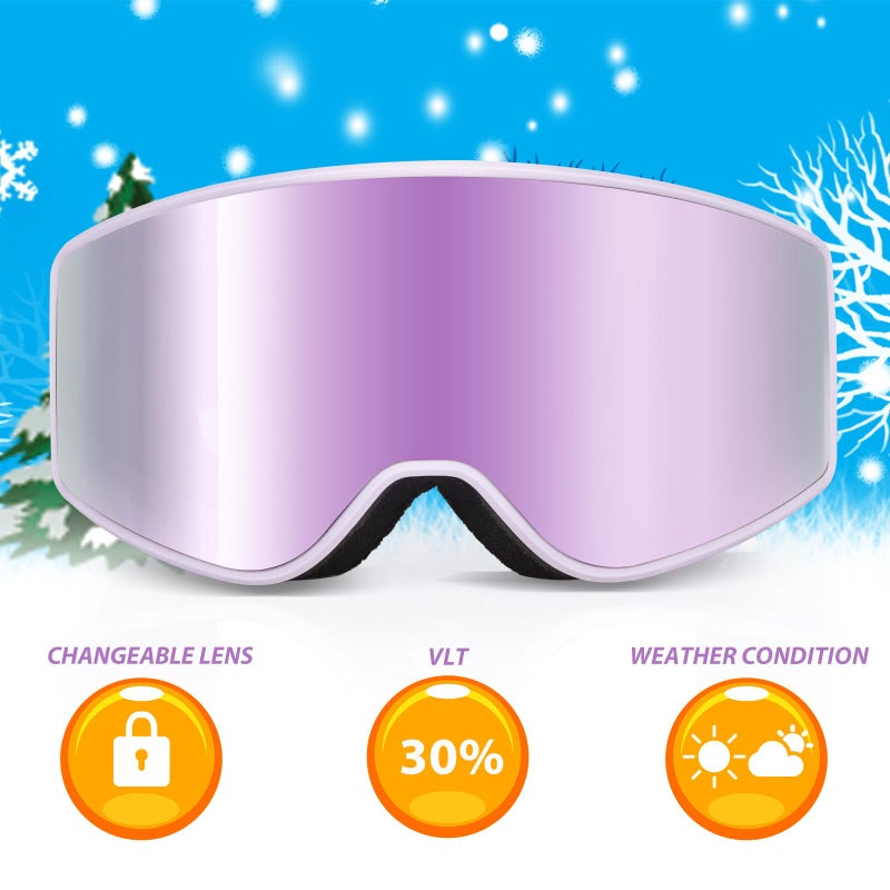 EXP VISION Kids Ski/Snowboard Goggles, Child Snow Goggles Over Glasses for Boys Girls Toddler Age 4-14 (Kids Ski Goggles-Pail lilac) - Image 3