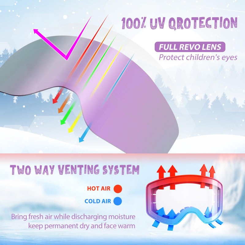 EXP VISION Kids Ski/Snowboard Goggles, Child Snow Goggles Over Glasses for Boys Girls Toddler Age 4-14 (Kids Ski Goggles-Pail lilac) - Image 2