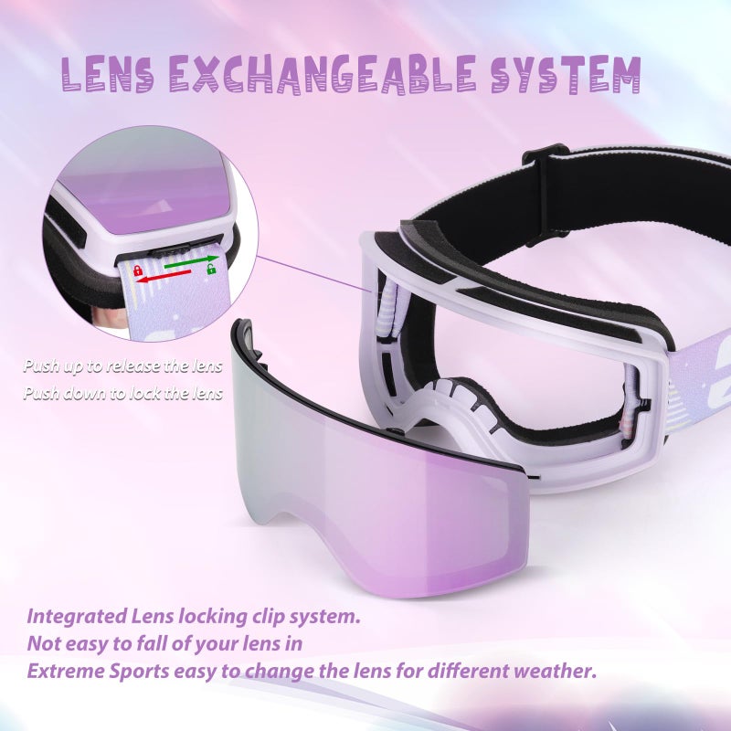 EXP VISION Kids Ski/Snowboard Goggles, Child Snow Goggles Over Glasses for Boys Girls Toddler Age 4-14 (Kids Ski Goggles-Pail lilac) - Image 4