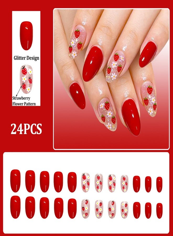 GRITOSE 24Pcs Red Almond Press on Nails Short Fake Nails with Cute Strawberry Flower Design Glitter Full Cover False Nail Artificial Summer Nails Press ons Holiday Reusable Stick on Nails for Women Manicure - Image 2