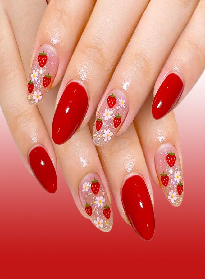 GRITOSE 24Pcs Red Almond Press on Nails Short Fake Nails with Cute Strawberry Flower Design Glitter Full Cover False Nail Artificial Summer Nails Press ons Holiday Reusable Stick on Nails for Women Manicure - Image 1
