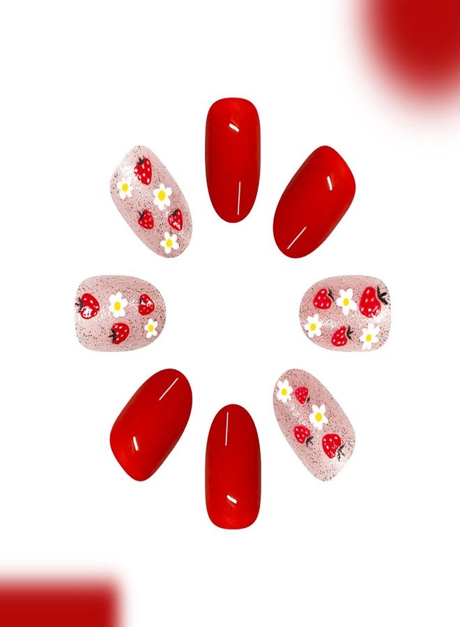 GRITOSE 24Pcs Red Almond Press on Nails Short Fake Nails with Cute Strawberry Flower Design Glitter Full Cover False Nail Artificial Summer Nails Press ons Holiday Reusable Stick on Nails for Women Manicure - Image 4