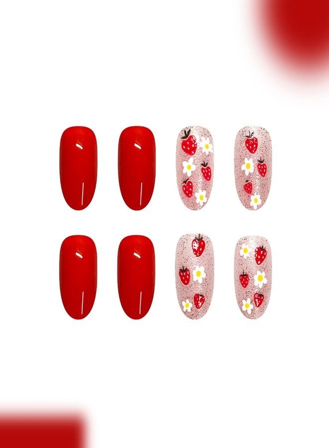 GRITOSE 24Pcs Red Almond Press on Nails Short Fake Nails with Cute Strawberry Flower Design Glitter Full Cover False Nail Artificial Summer Nails Press ons Holiday Reusable Stick on Nails for Women Manicure - Image 3
