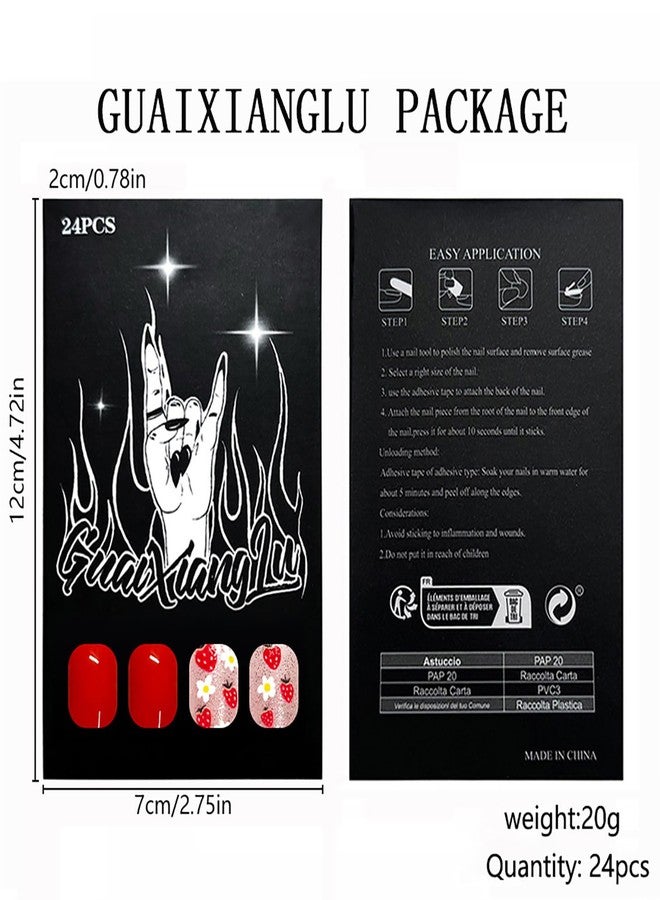 GRITOSE 24Pcs Red Almond Press on Nails Short Fake Nails with Cute Strawberry Flower Design Glitter Full Cover False Nail Artificial Summer Nails Press ons Holiday Reusable Stick on Nails for Women Manicure - Image 5
