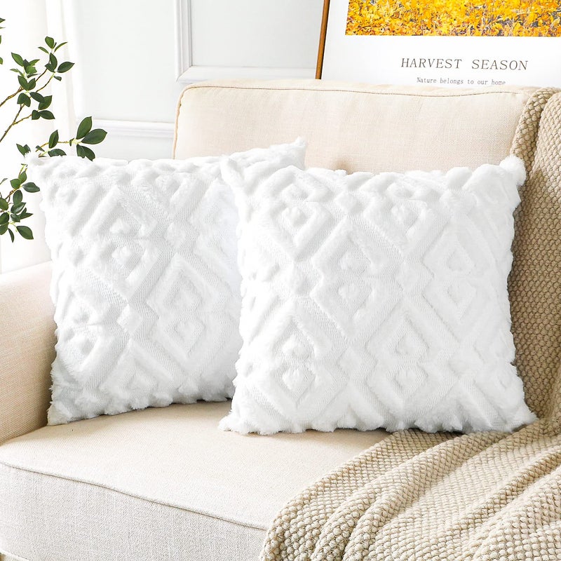 Artscope Artscope Pack of 2 Soft Plush Short Wool Velvet Decorative Throw Pillow Covers Luxury Style Cushion Covers European Pillow Shell for Sofa Bedroom Diamond Shape Pure White 24x24 Inch 
