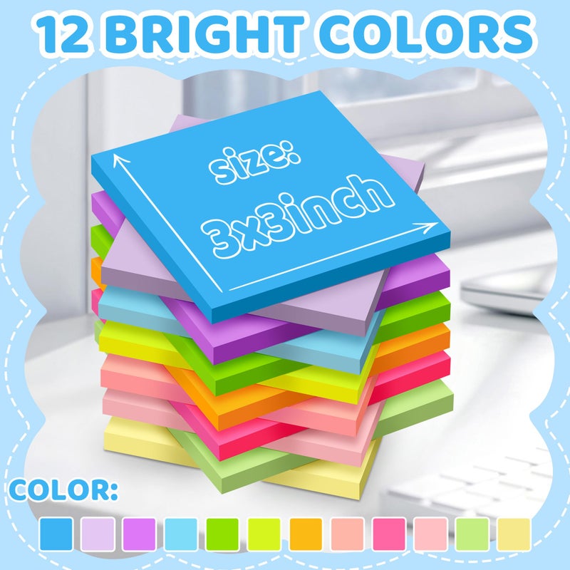 vipstar (24 Pads) Sticky Notes 3x3 in Post, 12 Bright Colors Self-Stick Note Pads it, Strong Adhesive, Easy to Post for Home, Office, Notebook - Image 2