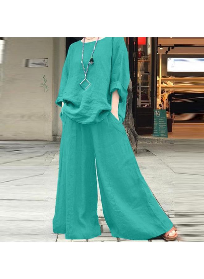 Women's Fashion Casual Loose Solid Color Cotton And Linen Shirt Long Sleeve Pants Suit Two-piece Set 