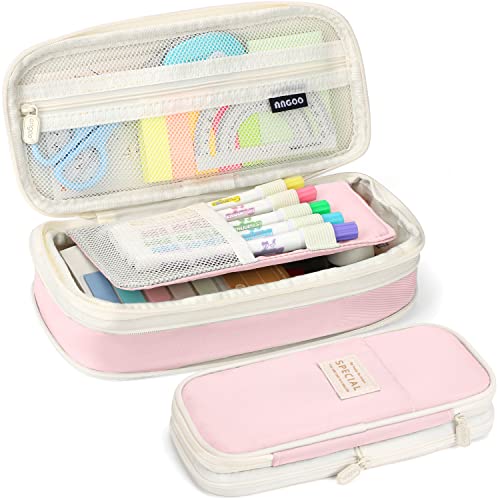 KPX Big Capacity Pencil Pen Case Bag with Zipper Office College School Storage Large Capacity Bag Pouch Holder Box Organizer Colorful (Pink) - Image 1