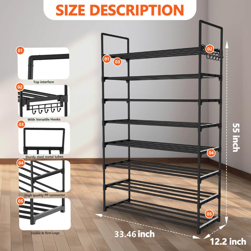 Hsscblet 8 Tiers Metal Shoe Rack,Adjustable Shoe Shelf Storage Organizer with Hooks,Stackable Boot & Shoe Storage,for Entryway,Hallway,Closet,Black - Image 5