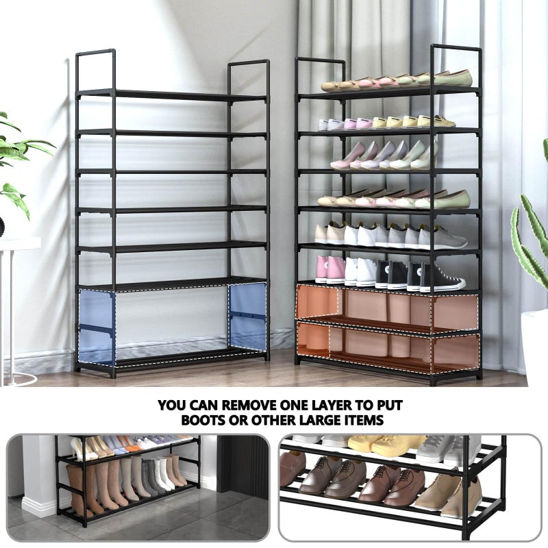 Hsscblet 8 Tiers Metal Shoe Rack,Adjustable Shoe Shelf Storage Organizer with Hooks,Stackable Boot & Shoe Storage,for Entryway,Hallway,Closet,Black - Image 4