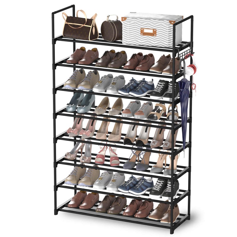 Hsscblet 8 Tiers Metal Shoe Rack,Adjustable Shoe Shelf Storage Organizer with Hooks,Stackable Boot & Shoe Storage,for Entryway,Hallway,Closet,Black - Image 1