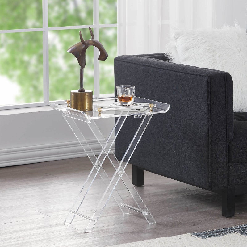 LIKENOW Furniture Acrylic Folding Tray Tables for Living Room,Bedroom,Lobby,Clear Small Side Tables with Handle for Coffee,Drink,Food,Snack,Modern Foldable Lucite End Table with X Leg for Decor - Image 2