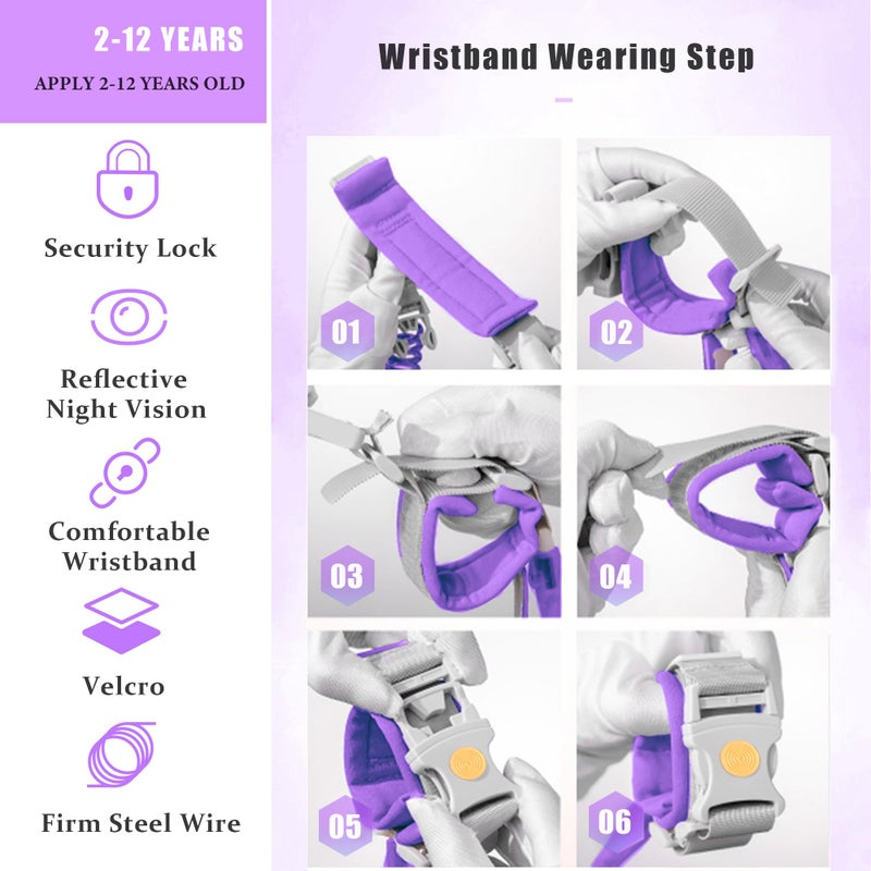 WSZCML Anti Lost Wrist Link,Toddler Harness Walking Leash with Induction Lock,Reflective Child Wrist Leashes for Baby,6.56ft Kids Leash for Supermarket Mall Airport Amusement Park Zoo Travel（Purple） - Image 5