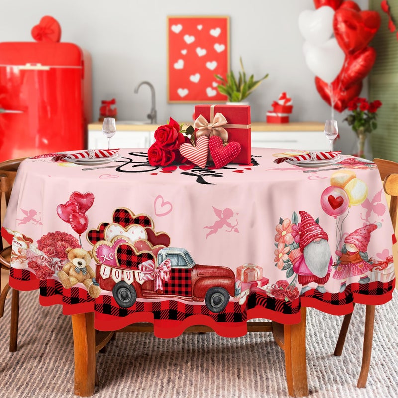JNDJE Valentines Day Round Tablecloth 60 Inch, Valentines Day Decor Table Cloth for Round, Valentine Tablecloths Polyester Vintage, Truck Valentines Decorations Table Cover for Picnic Party Dinner - Image 1