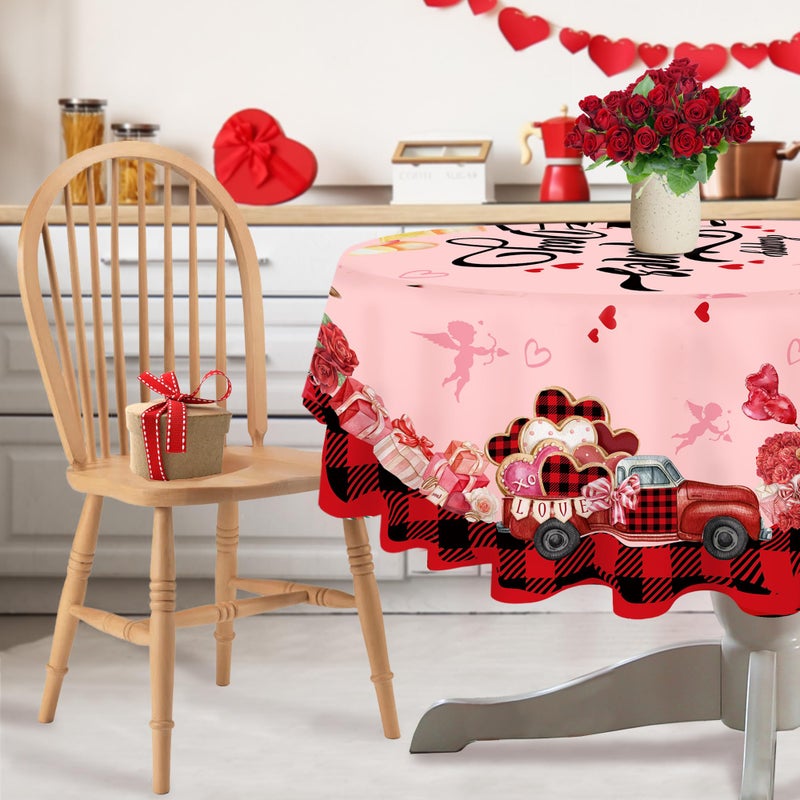 JNDJE Valentines Day Round Tablecloth 60 Inch, Valentines Day Decor Table Cloth for Round, Valentine Tablecloths Polyester Vintage, Truck Valentines Decorations Table Cover for Picnic Party Dinner - Image 3