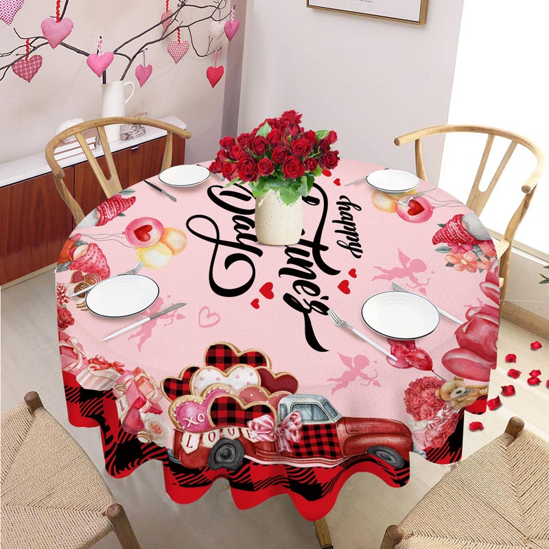 JNDJE Valentines Day Round Tablecloth 60 Inch, Valentines Day Decor Table Cloth for Round, Valentine Tablecloths Polyester Vintage, Truck Valentines Decorations Table Cover for Picnic Party Dinner - Image 4