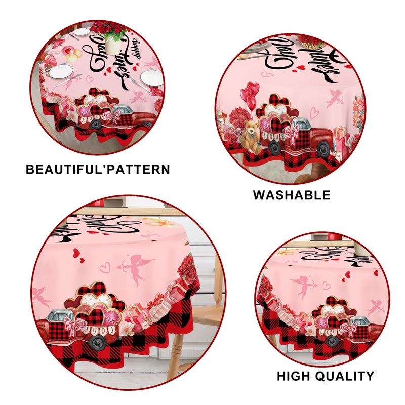 JNDJE Valentines Day Round Tablecloth 60 Inch, Valentines Day Decor Table Cloth for Round, Valentine Tablecloths Polyester Vintage, Truck Valentines Decorations Table Cover for Picnic Party Dinner - Image 5
