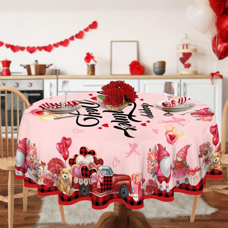 JNDJE Valentines Day Round Tablecloth 60 Inch, Valentines Day Decor Table Cloth for Round, Valentine Tablecloths Polyester Vintage, Truck Valentines Decorations Table Cover for Picnic Party Dinner - Image 2