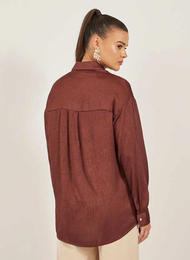 Styli Textured Long Sleeve Oversized Shirt