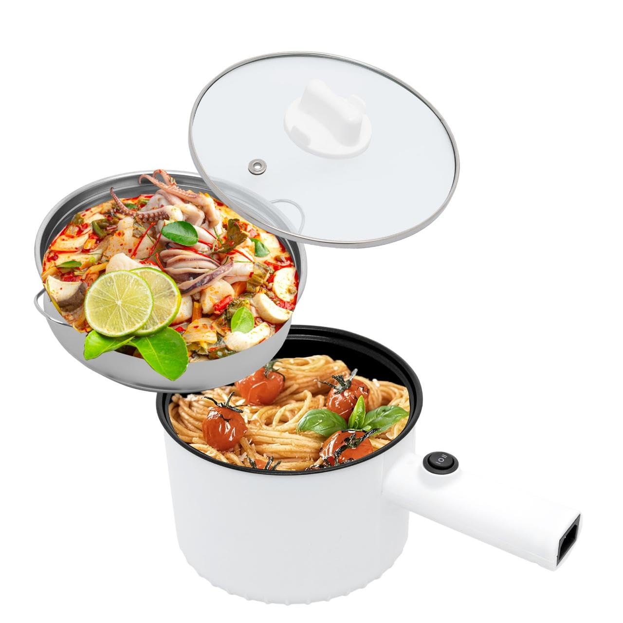 Trady Multifunctional Electric Cooker with Stainless Steel Steamer Electric Non Stick Cookware Hot Pot Long Handle Round Shape Design OverHeating DryBoil Protection For Home Travel White