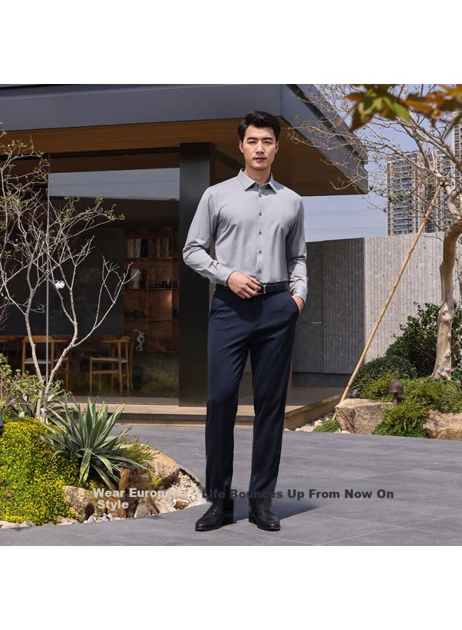 Ouding First Class High Elastic Shirt Silver Dragon Grey Men's Wrinkle-free High-end Long Sleeve New Shirt Silver Dragon Grey Solid Color 44 - Image 2
