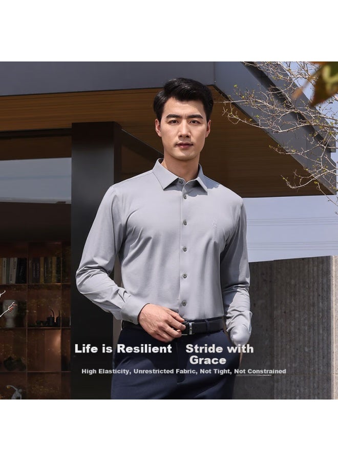 Ouding First Class High Elastic Shirt Silver Dragon Grey Men's Wrinkle-free High-end Long Sleeve New Shirt Silver Dragon Grey Solid Color 44 - Image 1