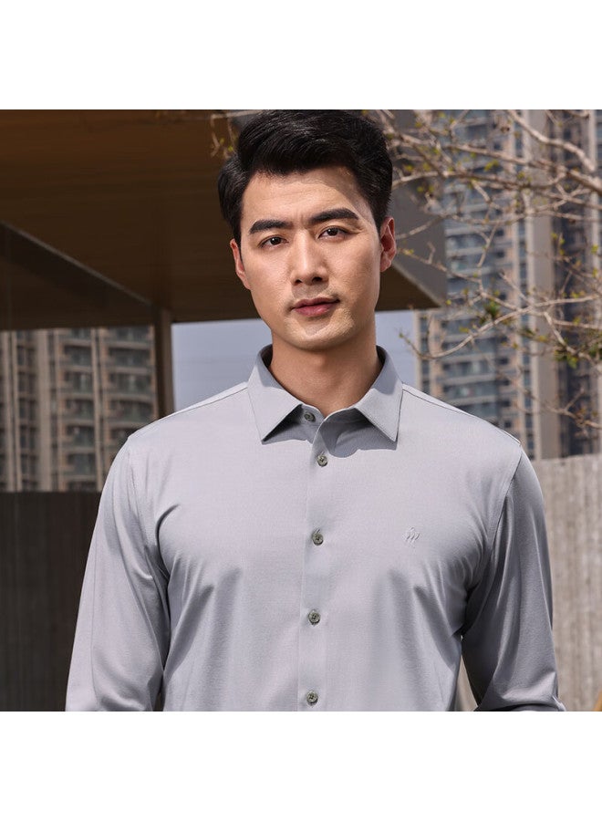 Ouding First Class High Elastic Shirt Silver Dragon Grey Men's Wrinkle-free High-end Long Sleeve New Shirt Silver Dragon Grey Solid Color 44 - Image 3