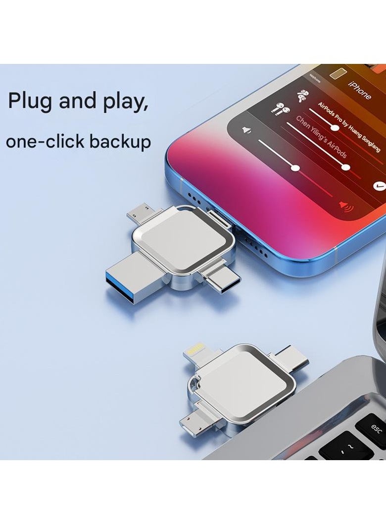 Bonic - 4-in-1 High Speed USB Flash Drive with Micro USB3.0 and Type-C Ports, Compatible with Android Smartphones, iPhone, iPad, MacBook, and Laptops - Silver 64GB - Image 1